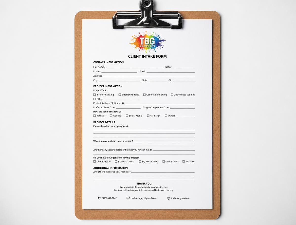 Letter size printed intake form on a clipboard